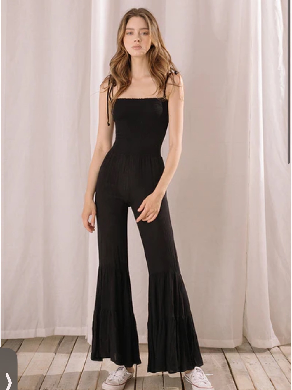Storia Black Tie-Shoulder Ribbed Jumpsuit with Flared Legs